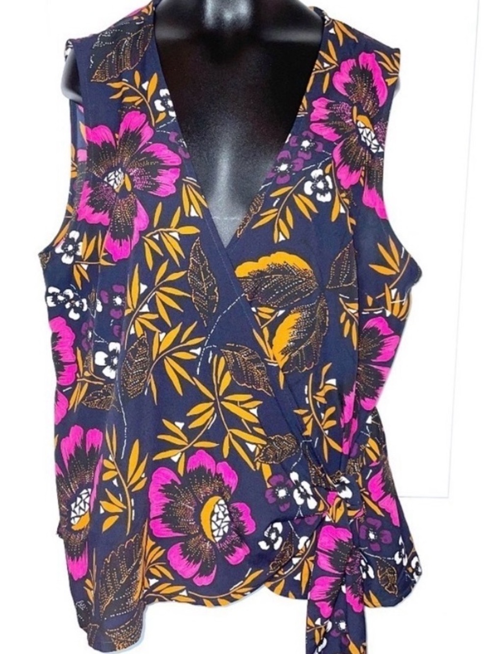 NWT~ a new day Black Sleeveless Floral Wrap Top with Pink & Orange Accents